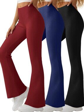 3-Pack Women's Ribbed Flare Yoga Pants | Bell Bottoms in 3 Colors | Size M